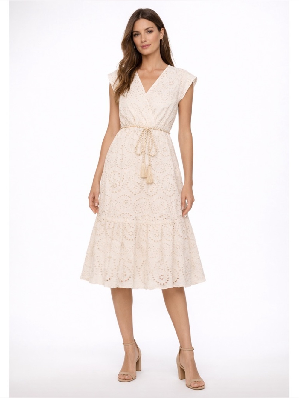 Vince Camuto Eyelet Tie Waist Tiered Midi Dress Size L